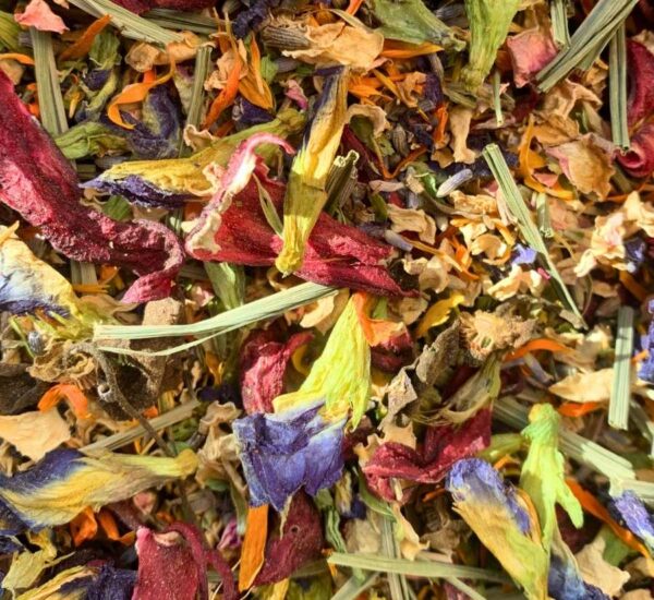 Mezcla para bebida de Belleza Tropicla de Tropical Sice que tiene flores de clitoria, flor de jamaica, pétalos de rosa, ylang ylang, limonaría, pétalos de caléndula, lavanda, cardamomo, canela y clavos