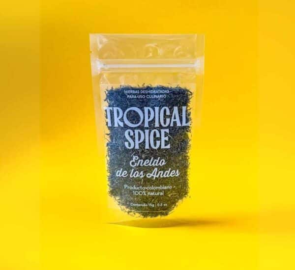 Eneldo de los Andes de Tropical Spice, empacado en bolsa transparente doypack sobre fondo amarillo